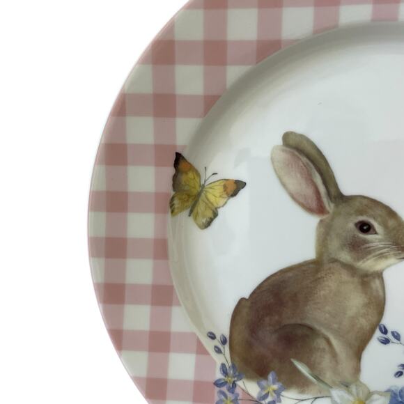 Grace Teaware Bunny Floral Pink Gingham 8in Side Salad Plates Set of 4 NEW - Picture 6 of 12